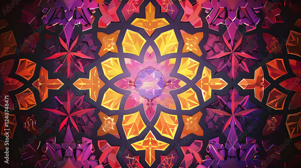 Poster vibrant geometric pattern featuring intricate shapes and colors, ideal for background use
