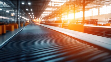 Fototapeta premium Conveyor Belt in Modern Warehouse with Sunlight and Industrial Setting