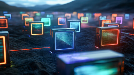 Glowing cubes communicating on rocky terrain, futuristic network visualization