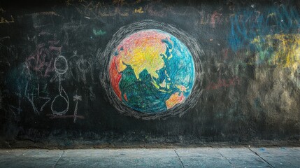 A creative chalk drawing featuring a globe under a protective roof, symbolizing the concept of global unity and collective responsibility.