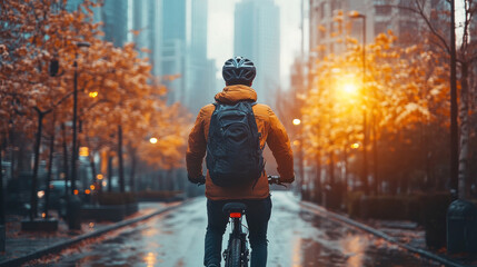 An e-bike commuter weaving through an urban financial district during morning rush hour, surrounded by tall skyscrapers