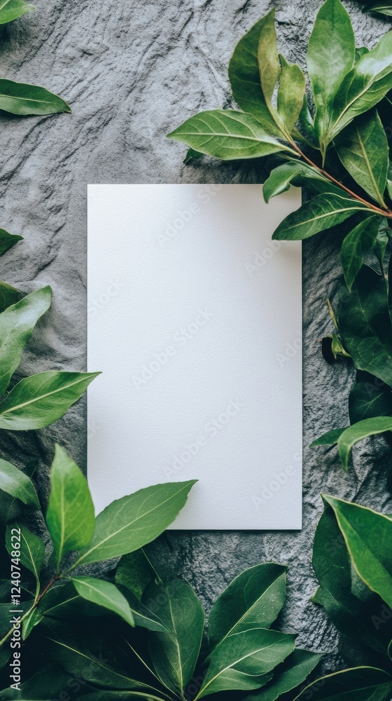 Aufkleber blank paper surrounded by vibrant green leaves on textured stone surface during daylight. generative