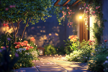 Obraz premium Cozy garden patio with flowers and seating area, illuminated by warm lights
