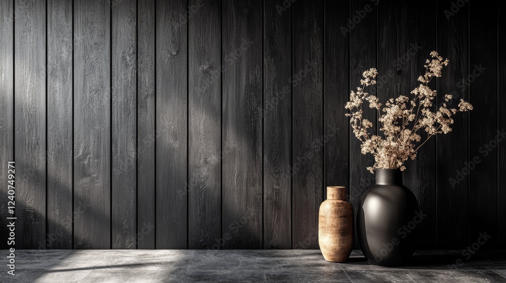 Poster a dark black wall with rugged wooden planks forms a rustic, textured backdrop, perfect for displayin