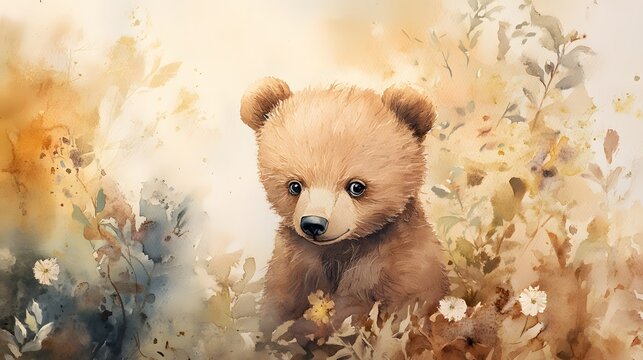 Adorable Brown Bear Cub Amidst Autumnal Flowers