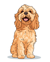Cute dog illustration happy fluffy puppy sitting brown fur cheerful expression simple background cartoon style pet design