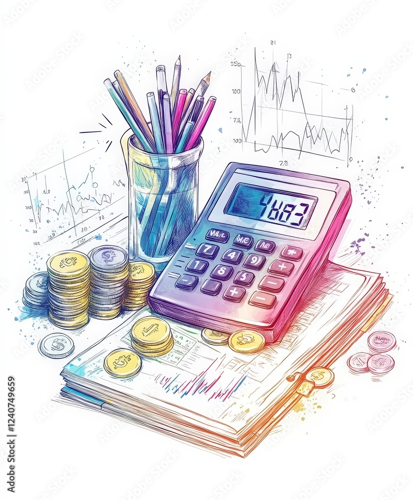 Poster colorful calculation tools with coins and financial charts on table