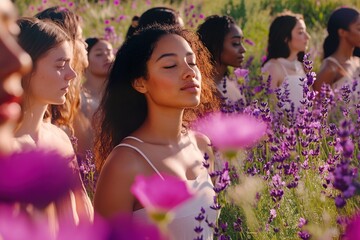 Diverse women united in floral field, celebrating nature and femininity