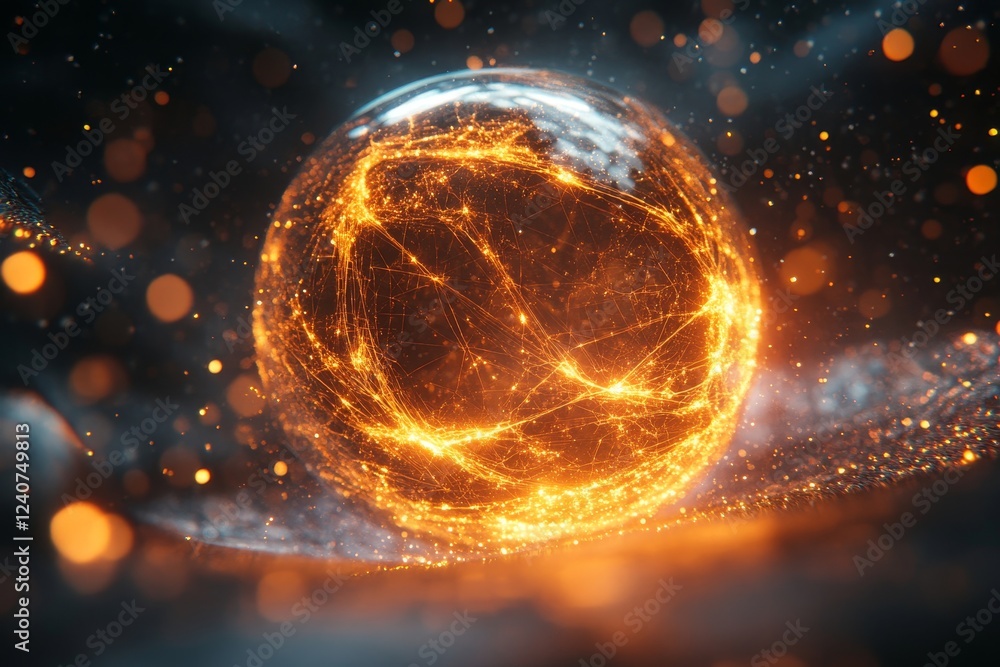 Poster abstract polygonal spheres creating chaotic glowing waves. branding-ready futuristic concept, genera
