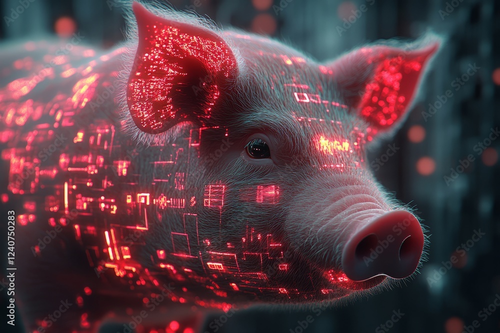 Poster a pig's head is overlaid with a futuristic, red circuit board pattern, symbolizing technological int
