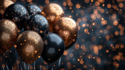 Naklejka premium Black background. Stylish composition of black balloons. Premium design for birthday, anniversary, black friday, halloween, celebration background. Banner, wallpaper, postcard. Balloon. Glitter. Bokeh