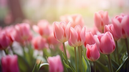 Fototapeta premium Close-Up View of Vibrant Pink Tulips Bathed in Soft Light, Capturing Their Delicate Petals and Green Stems in a Serene Natural Setting