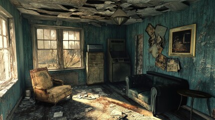 A decaying, weathered room with cracked, peeling walls, offering a powerful visual that speaks to abandonment and neglect.