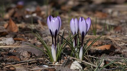 Obraz premium Crocus flowers emerging from the ground.