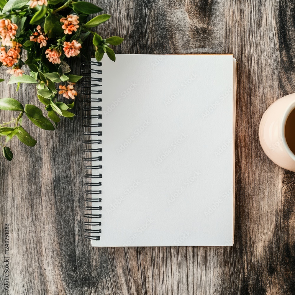 Poster empty notebook and cup of tea on rustic wooden table with fresh flowers ready for creative ideas dur