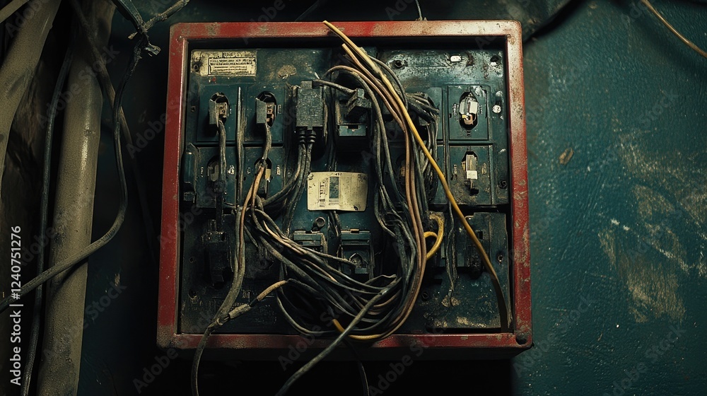Poster a detailed shot of a junction box with neatly arranged wires, all insulated with electrical tape, em