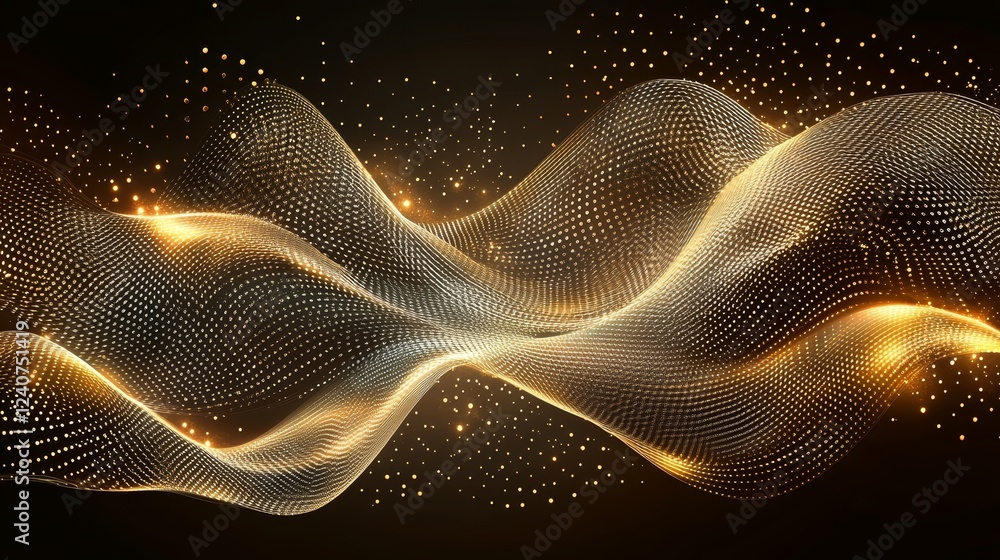 Poster abstract golden wave background with flowing lines, sparkling particles, and dynamic movement.