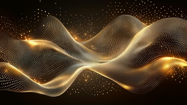 Abstract Golden Wave Background with Flowing Lines, Sparkling Particles, and Dynamic Movement.
