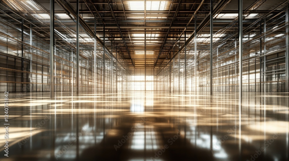 Poster A digitally created, dimly lit warehouse with no objects, featuring a three-dimensional design and abstract space, evoking a sense of emptiness and depth.