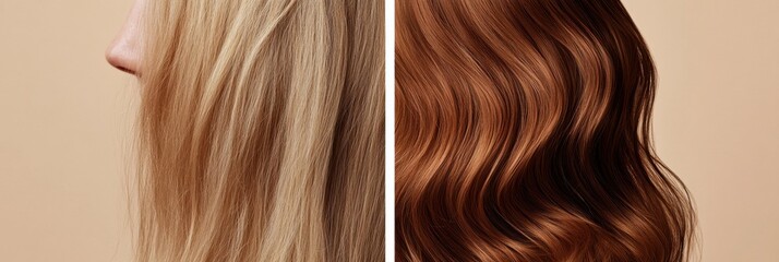 Naklejka premium Before and after comparison showcasing transformation from thin hair to thick hair with natural waves and shine. Generative AI