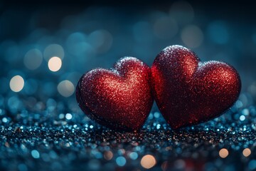 Fototapeta premium Two red hearts with one larger and laying down, the smaller standing up, against a glittery, shiny bokeh background with soft light.