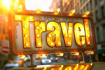 A vintage illuminated sign reading "Travel!" glows warmly in a bustling city street, capturing the essence of adventure and exploration.