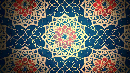 Intricate geometric floral pattern on a deep blue background, suitable for textiles or wallpapers