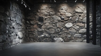 A dimly lit room featuring a rough stone wall and cement floor, setting the stage for a dramatic, atmospheric backdrop.