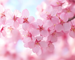 Fototapeta premium Delicate Cherry Blossoms in Full Bloom, Soft Focus, Bokeh Background, Vivid Blue Sky, Spring Essence