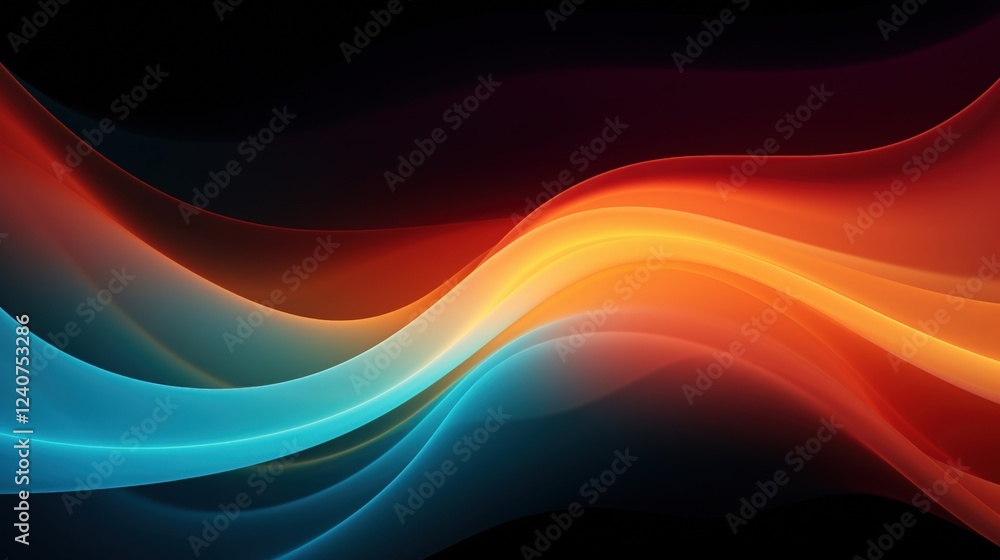 Poster vibrant flowing waves in orange and blue on black background with smooth transitions and dynamic lig