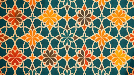 Fototapeta premium Colorful geometric pattern featuring flowers on a teal background, suitable for textiles and design