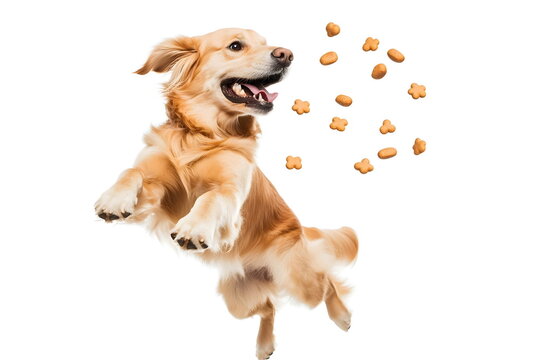 Golden retriever jumping for crispy snack treats