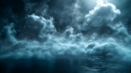 Dark Blue Fog Cloudscape Dramatic Sky, Mist and Smoke, Abstract Digital Art.