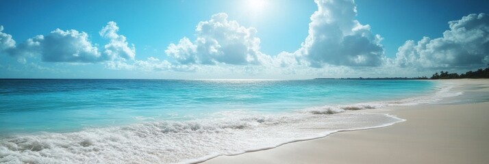Relaxing beach view with clear waves under a bright sunny sky in a tropical location. Generative AI