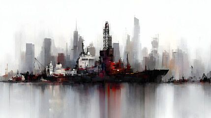 Urban Harbor, Vessels at Dock, City Skyline, Day