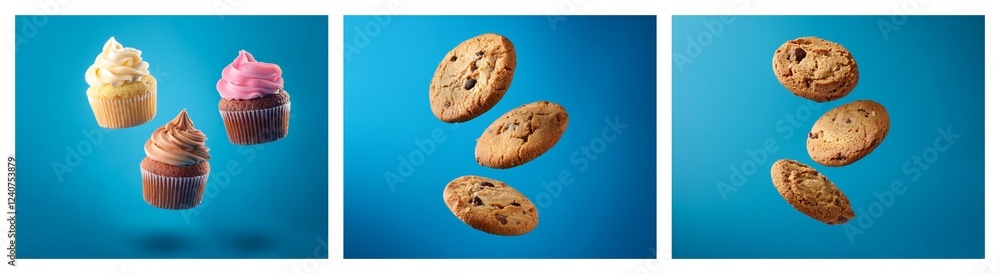 Poster three images showcase assorted delicious treats against a vibrant blue backdrop. cupcakes with vario