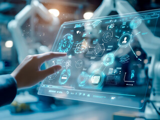 Engineer managing robotic arms using futuristic transparent tablet with augmented reality holographic interface