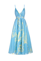 A sleeveless, pleated blue midi dress with thin straps and a wrap-style bodice, featuring an abstract print. The dress is displayed on a white background.