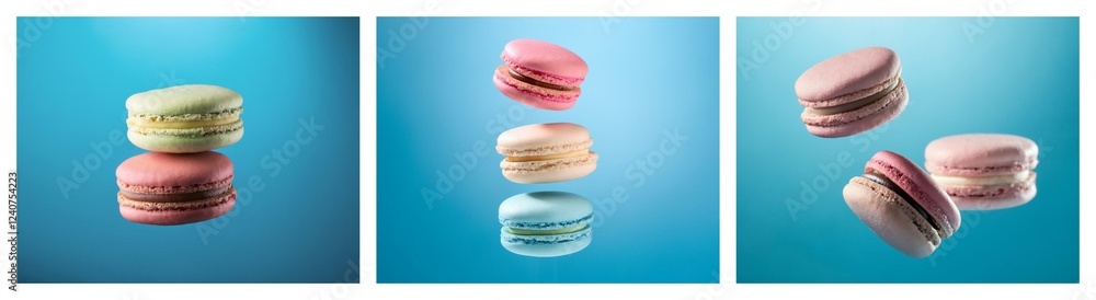 Poster Pastel-colored macarons float against a light blue backdrop in a visually appealing arrangement.  The image is divided into three sections, each showcasing a unique composition of these delicate Frenc