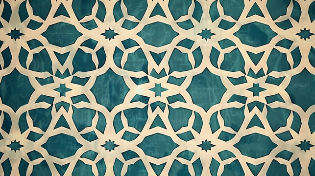 Intricate geometric pattern in teal and cream, showcasing traditional design elements