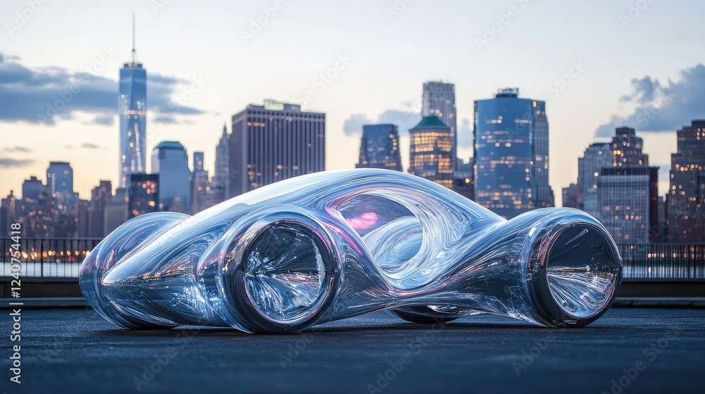 Poster a futuristic car with transparent parts, seamlessly blending with the city skyline in the background