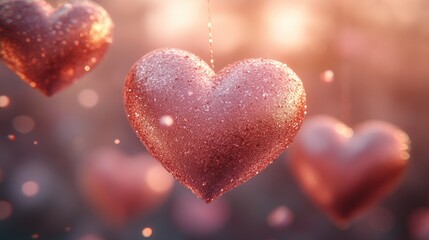 Obraz premium Sparkling hearts hang sunset bokeh, Valentine's