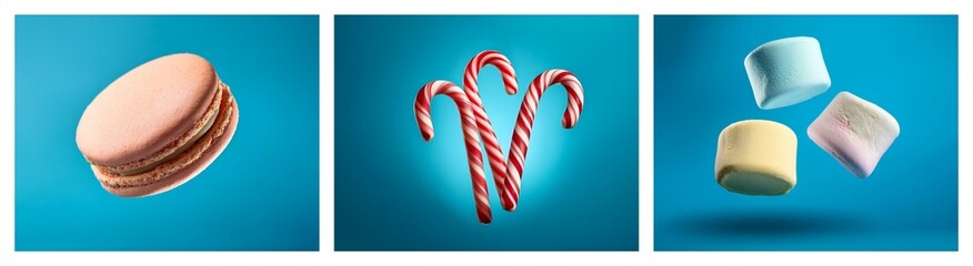A vibrant triptych showcasing delectable treats against a bright blue backdrop: a delicate macaron, candy canes, and fluffy marshmallows.  Sweet treats, holiday, confectionery.