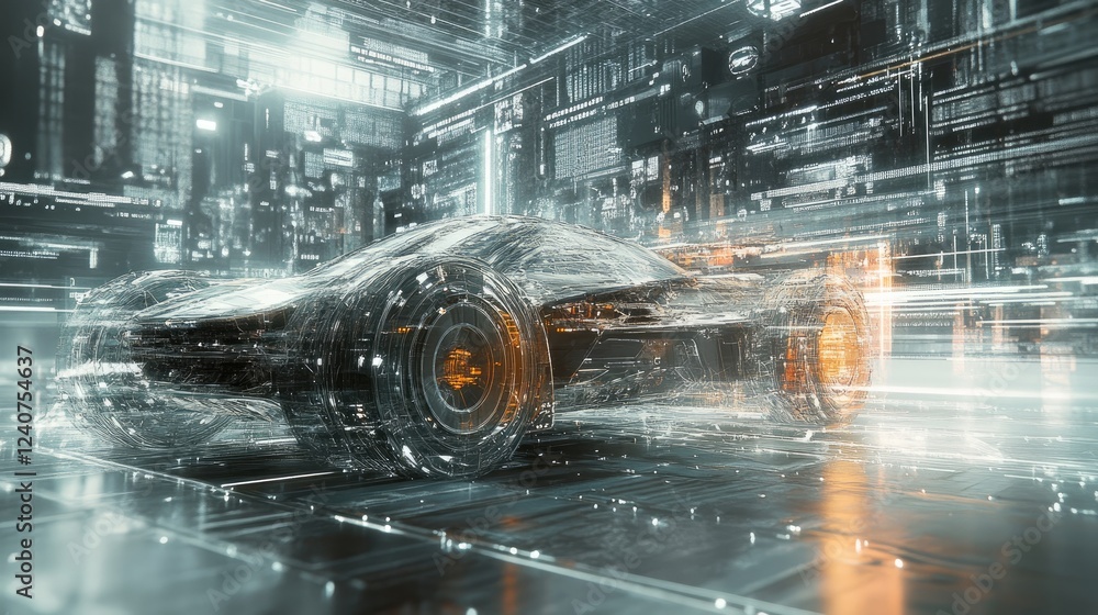 Poster a futuristic car with transparent sections, blending advanced technology and urban cityscape in a di