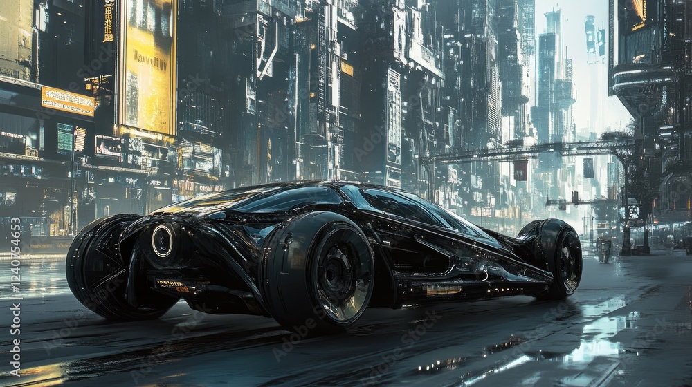 Aufkleber a futuristic car with transparent sections, blending advanced technology and urban cityscape in a di