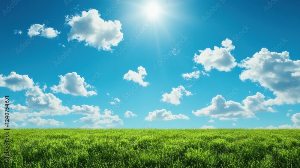 Aufkleber bright and expansive meadow with lush green grass under a clear blue sky filled with fluffy clouds. 