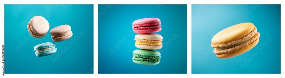 Poster A vibrant image showcasing colorful macarons in various arrangements against a bright blue backdrop.  Some float, others are stacked.