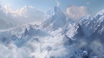 Obraz premium A majestic view of snow-capped mountains under a bright blue sky with fluffy clouds.