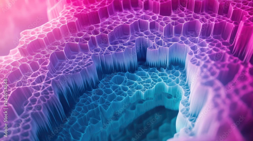 Aufkleber A futuristic design of hexagonal shapes in cyan and magenta, arranged in a gradient to create a layered, dynamic effect.