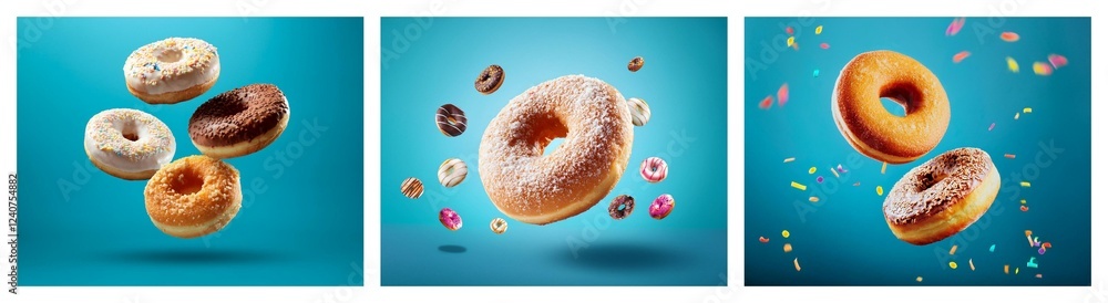 Aufkleber Three images showcase assorted donuts levitating against a vibrant blue backdrop.  Some donuts are dusted with powdered sugar, while others display chocolate icing.  Small sprinkles add to the playful